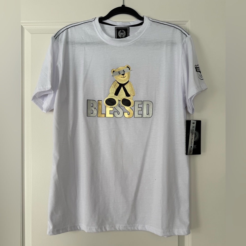 White T-Shirt with Bear and Blessed Graphic